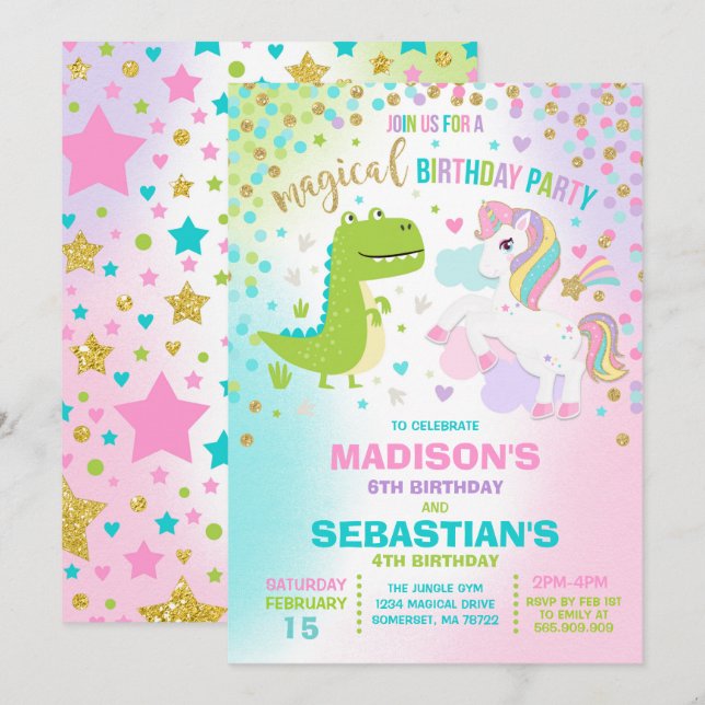 Unicorn och syskon för Dinosaurfödelsedaginbjudan Inbjudningar (Fram/baksida)