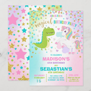 Unicorn och syskon för Dinosaurfödelsedaginbjudan Inbjudningar