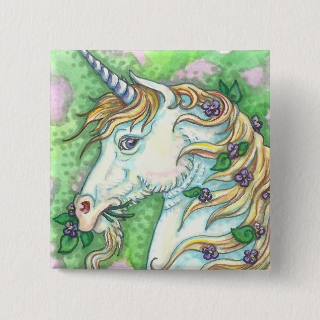 UNICORN OCH VIOLETS, FANTASY HORSE BUTTON PIN KNAPP (Framsida)