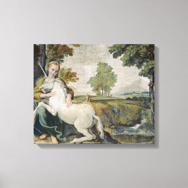 Unicorn och Young Woman (av Domenichino) Canvastryck (Framsida)