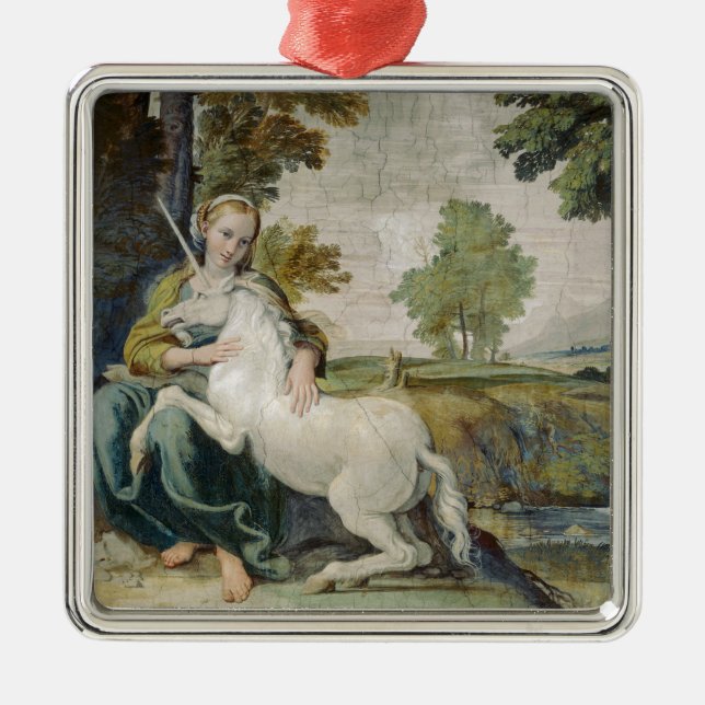Unicorn och Young Woman (av Domenichino) Julgransprydnad Metall (Framsidan)
