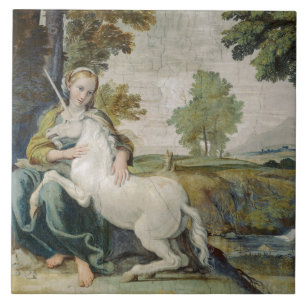 Unicorn och Young Woman (av Domenichino) Kakelplatta