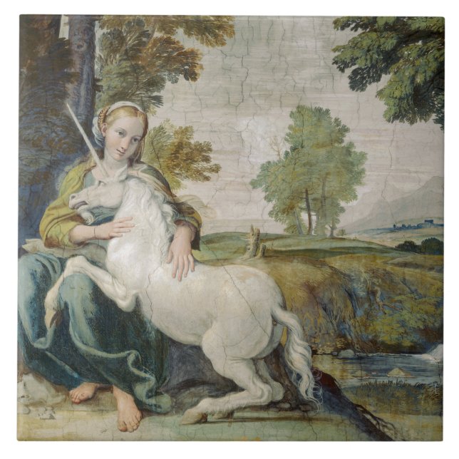 Unicorn och Young Woman (av Domenichino) Kakelplatta (Framsidan)