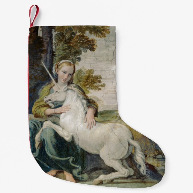 Unicorn och Young Woman (av Domenichino) Liten Julstrumpa (Framsidan)