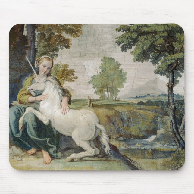 Unicorn och Young Woman (av Domenichino) Musmatta (Framsidan)