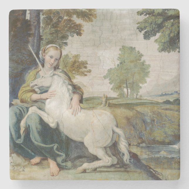 Unicorn och Young Woman (av Domenichino) Stenunderlägg (Framsidan)