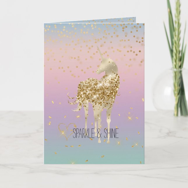 Unicorn Ombre Guld Confetti Glitter Heart Kort (Framsida)