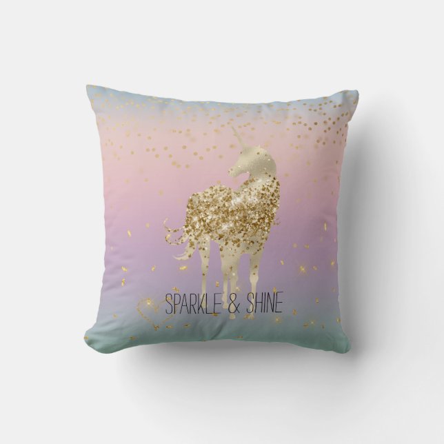 Unicorn Ombre Guld Confetti Glitter Heart Kudde (Framsida)