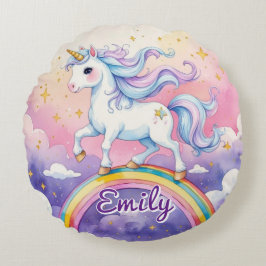 Unicorn on Rainbow Editable Namn Round Pillow Rund Kudde