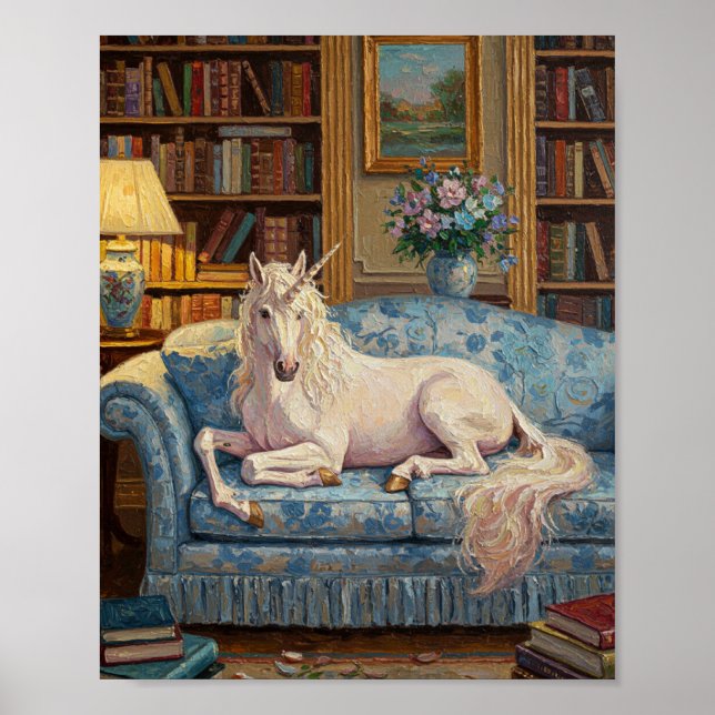Unicorn on Sofa | Romantic Oil Painting Poster (Framsidan)