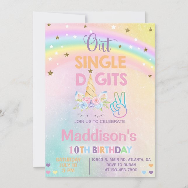 Unicorn out single digits Girl Birthday inbjudan. Inbjudningar (Framsida)