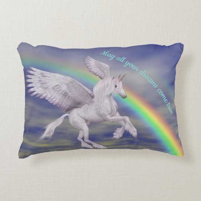 Unicorn over Rainbow Dreams Inspirational Prydnadskudde (Framsidan)