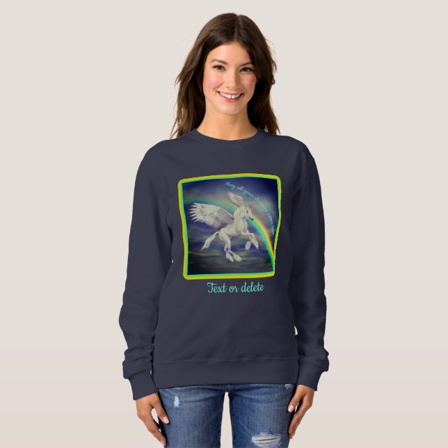 Unicorn over Rainbow Dreams Inspirational T Shirt (Hel framsida)