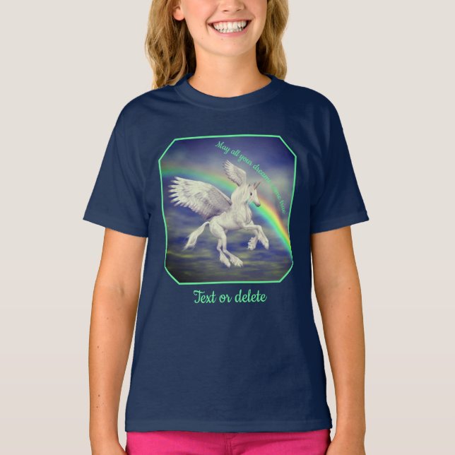 Unicorn Over Rainbow Dreams Inspirational  T Shirt (Framsida)