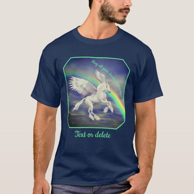 Unicorn Over Rainbow Dreams Inspirational  T Shirt (Framsida)