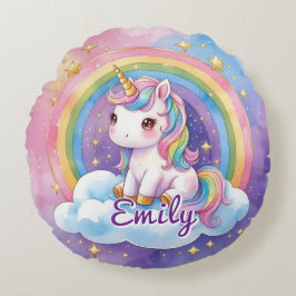 Unicorn på Cloud Editable Namn Round Pillow Rund Kudde