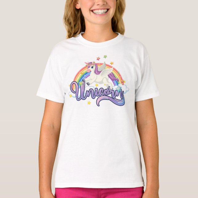 Unicorn på ett regnbåge t shirt (Framsida)