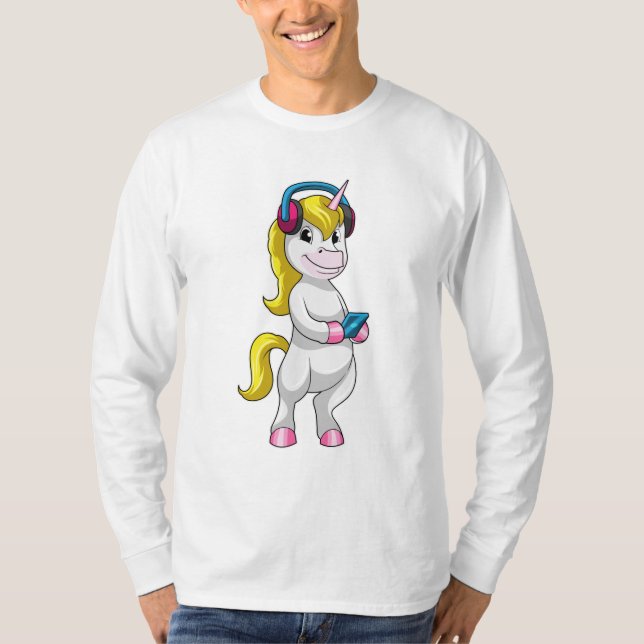 Unicorn på Lyssna på musik med hörlurar T Shirt (Framsida)