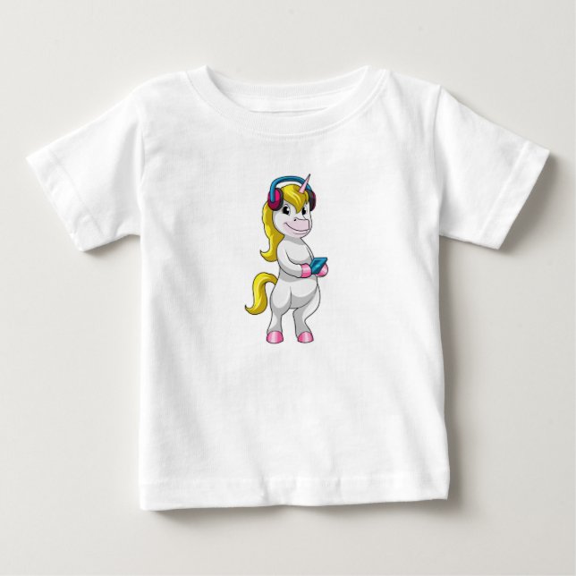 Unicorn på Lyssna på musik med hörlurar T Shirt (Framsida)