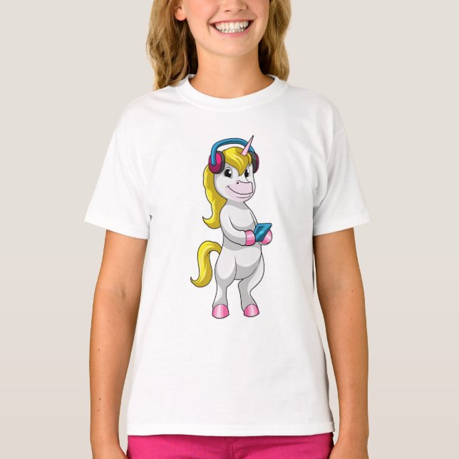 Unicorn på Lyssna på musik med hörlurar T Shirt (Framsida)