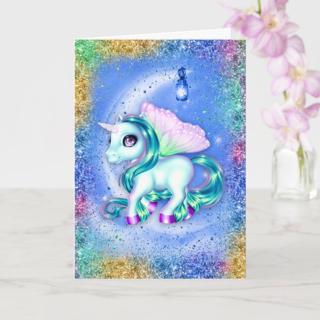 Unicorn på Måne-blått födelsedagskort Kort (Orkide)