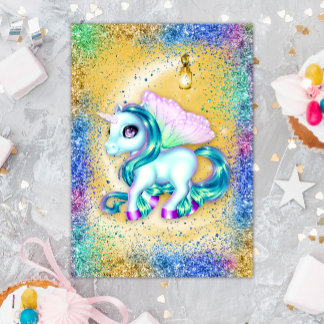 Unicorn på Måne Gult Birthday Kort