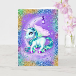 Unicorn på Måne Lila Birthday Card Kort
