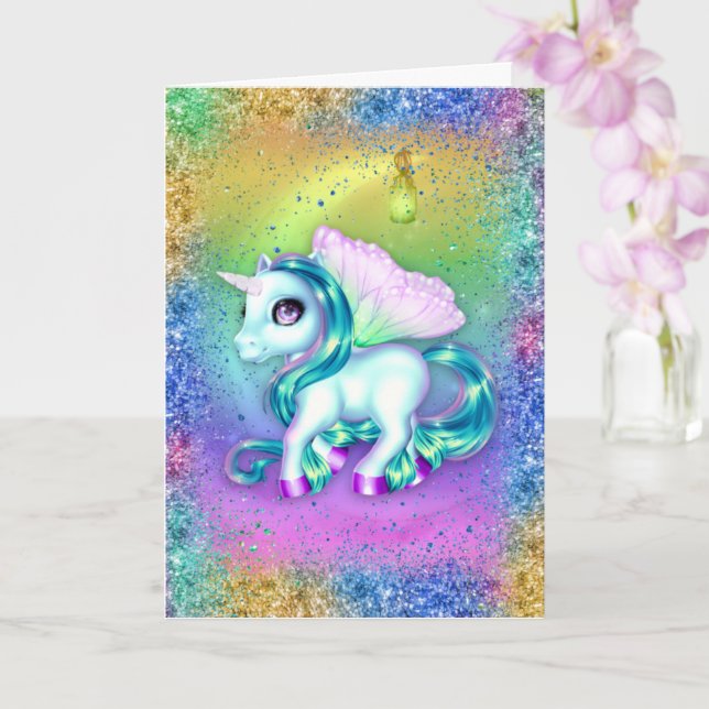 Unicorn på Måne Rainbow Birthday Kort (Orkide)
