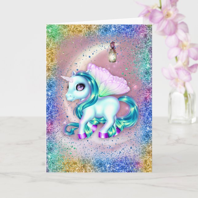 Unicorn på Rosa Måne födelsedag Kort (Orkide)