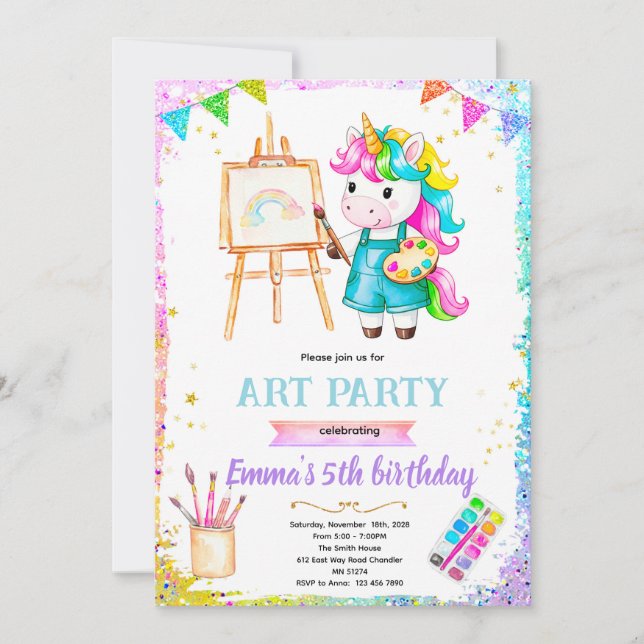 Unicorn paint birthday party invitation inbjudningar (Framsida)