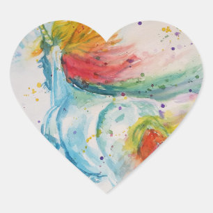 Unicorn Painting Watercolor Painting Rainbow Art Hjärtformat Klistermärke
