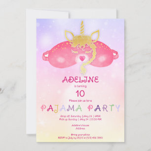 Unicorn Pajama Girl Sleepover Tween Födelsedagsfes Inbjudningar