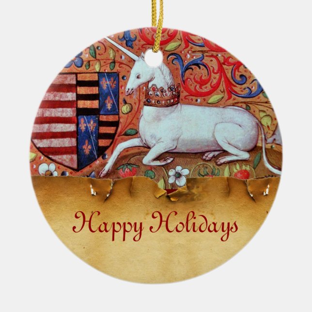 UNICORN PARCHMENT MED RED RUBY GEMSTONE JULGRANSPRYDNAD KERAMIK (Framsidan)