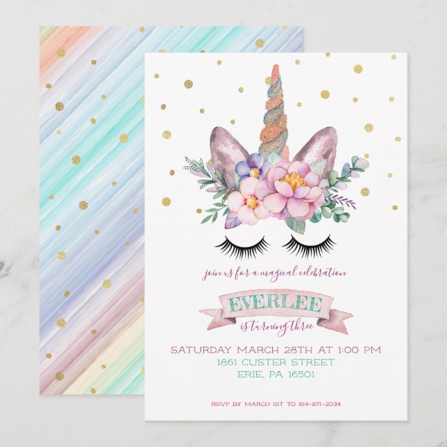 Unicorn Party-inbjudan | Unicorn Cake Inbjudningar (Fram/baksida)