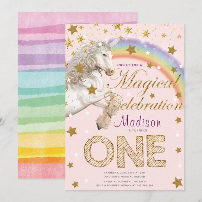Unicorn Party Magic First Birthday Illustration Inbjudningar (Fram/baksida)