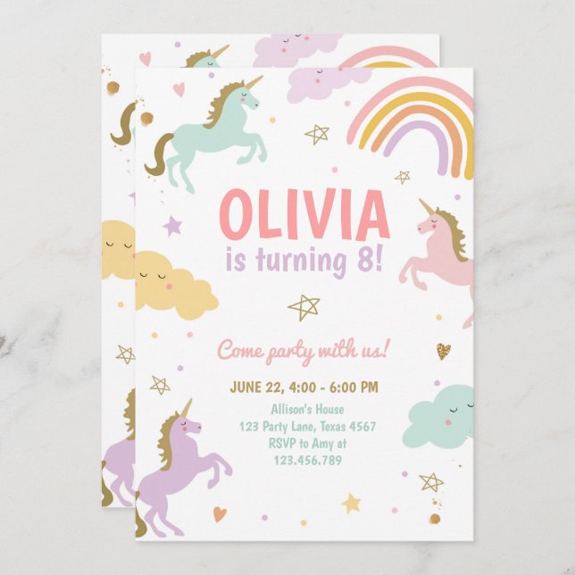Unicorn Party Magic Rainbow Unicorn Birthday Inv Inbjudningar (Fram/baksida)