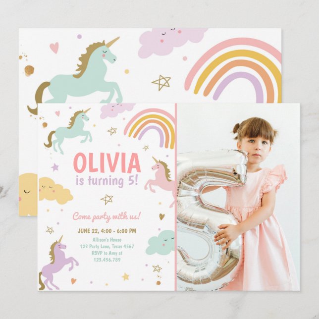 Unicorn Party Magic Rainbow Unicorn Birthday Inv Inbjudningar (Fram/baksida)