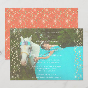 Unicorn Party Photo Guld Confetti Coral för födels Inbjudningar