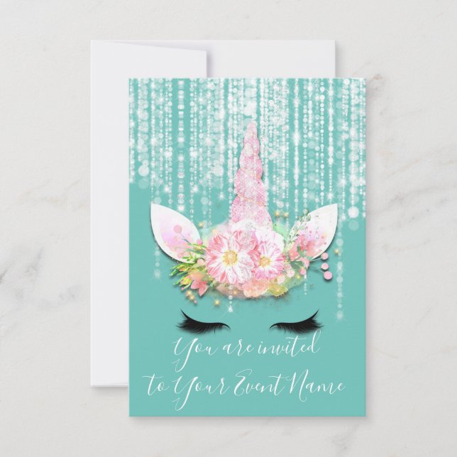 Unicorn Party Rosa 1:e 16:e Födelsedagsfesten Inbjudningar (Framsida)