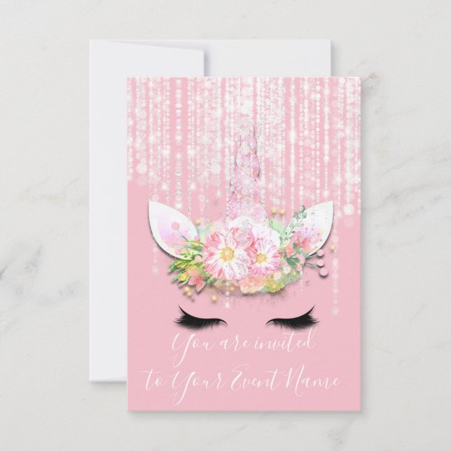 Unicorn Party Rosa ros 1:e andra Födelsedagsfesten Inbjudningar (Framsida)