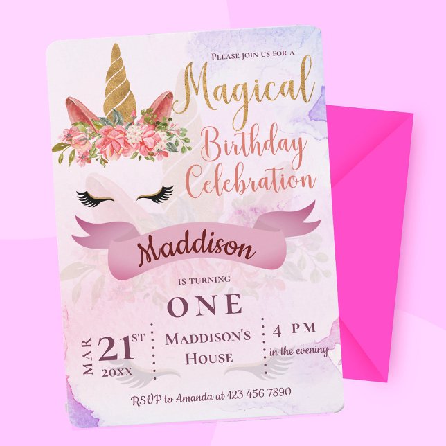 Unicorn Pastel Blommigt Kids First Födelsedagsfest Inbjudningar (Unicorn Pastel Floral Kids First Birthday Party Invitation)