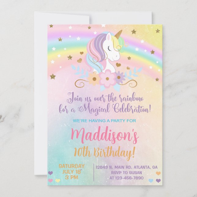 Unicorn pastel färg Girl Birthday inbjudan. Inbjudningar (Framsida)