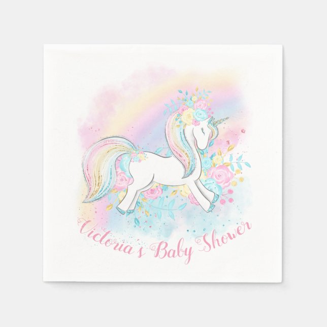 Unicorn Pastel Rainbow Baby Shower Napkins Pappersservett (Framsidan)