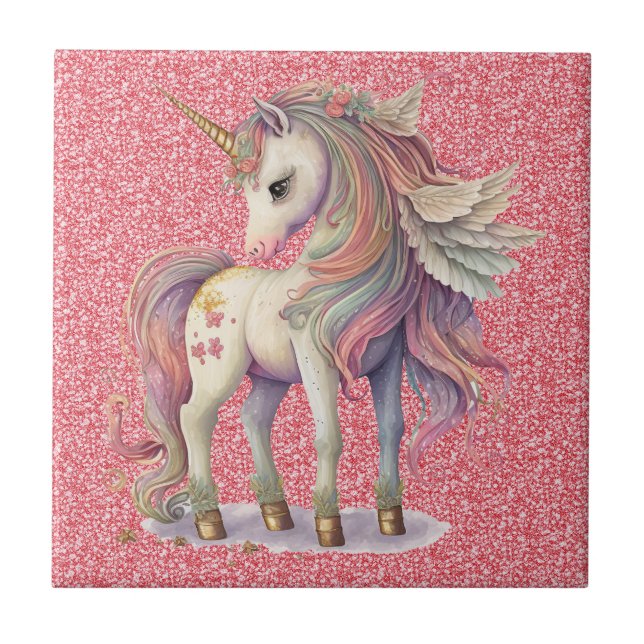 Unicorn Pastel Rainbow Färg Rosa Glitter Gnistra Kakelplatta (Framsidan)