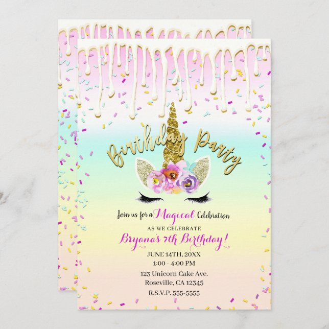 Unicorn Pastel Rainbow Frosting Drip Birthday Inbjudningar (Fram/baksida)