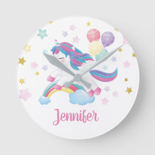 Unicorn Pastel Rainbow Personlig Namn Cute Rund Klocka