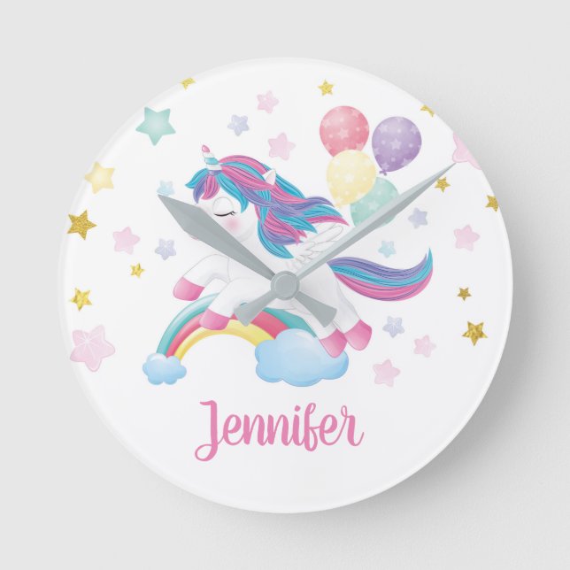 Unicorn Pastel Rainbow Personlig Namn Cute Rund Klocka (Framsida)