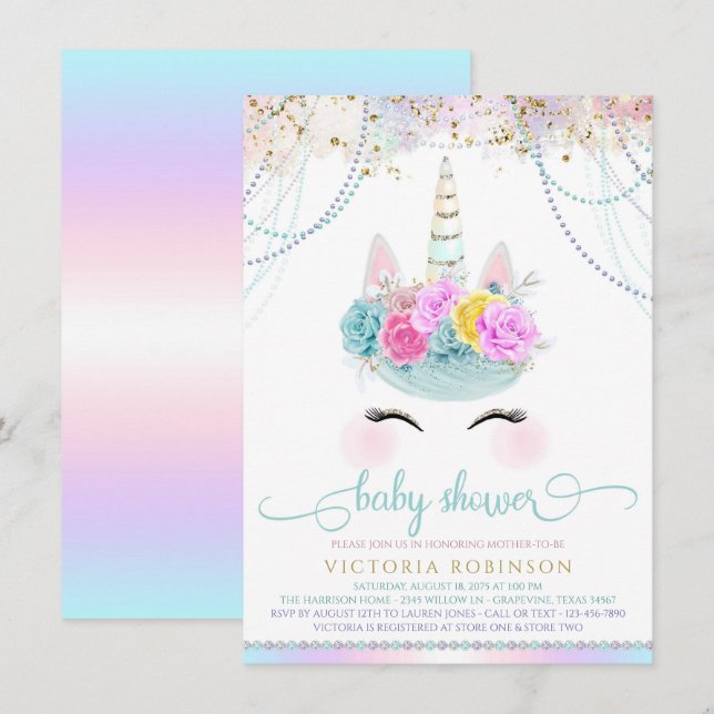 Unicorn Pearl Girl Unicorn Baby Shower Inbjudningar (Fram/baksida)
