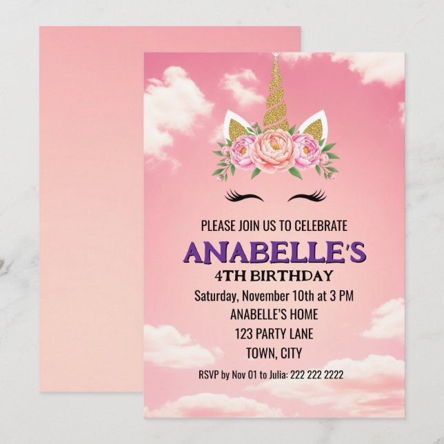 Unicorn Personalized Magical Birthday Invitation   Inbjudningar (Fram/baksida)