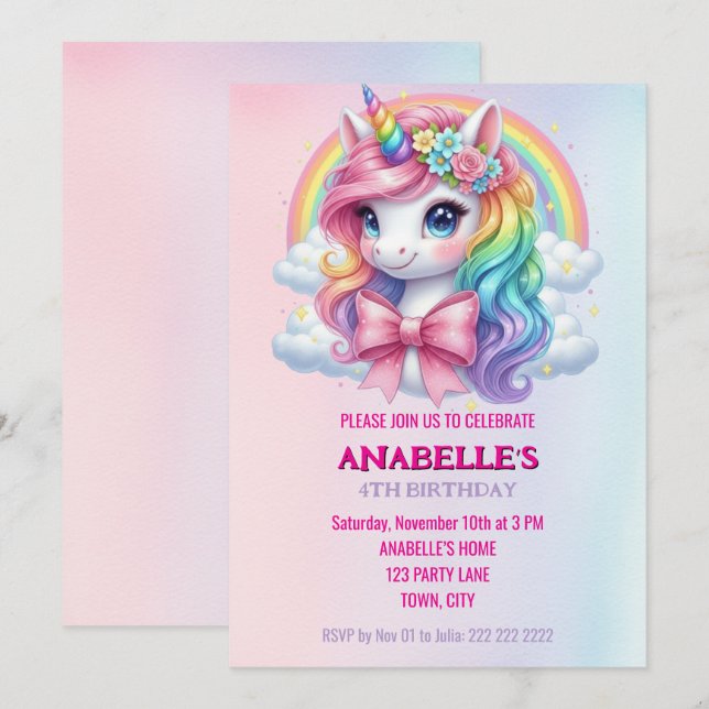 Unicorn Personalized Magical Birthday Invitation   Inbjudningar (Fram/baksida)
